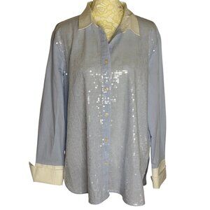 Loft Sequin Button Front Blouse Shirt Top Cuffed Blue White M NWT